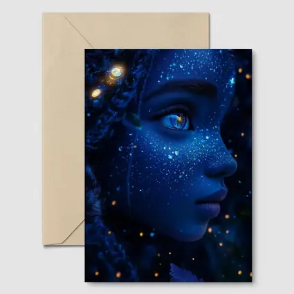 Blue Cosmic Fantasy Woman Portrait Glowing Stars