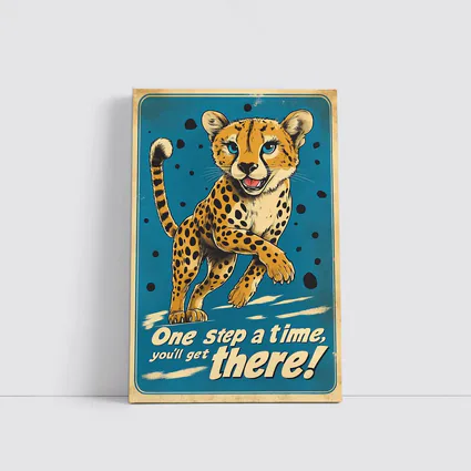 Cheetah Cub Running Retro Blue Motivational Art