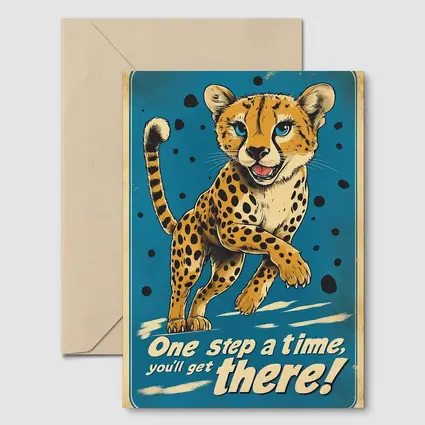 Cheetah Cub Running Retro Blue Motivational Art