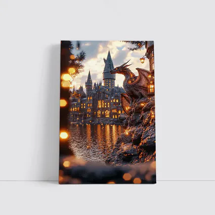 Dragon Perched by Glowing Fantasy Castle