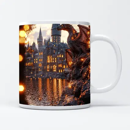 Dragon Perched by Glowing Fantasy Castle