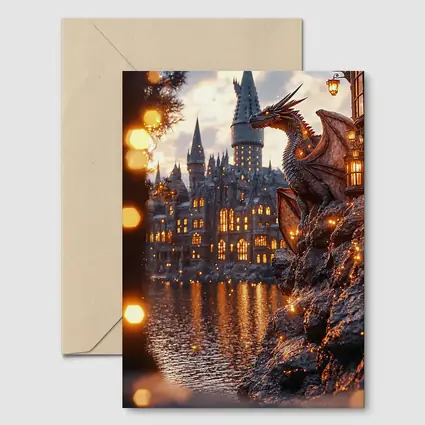 Dragon Perched by Glowing Fantasy Castle
