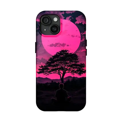 Meditating Man Pink Moon Silhouette Art