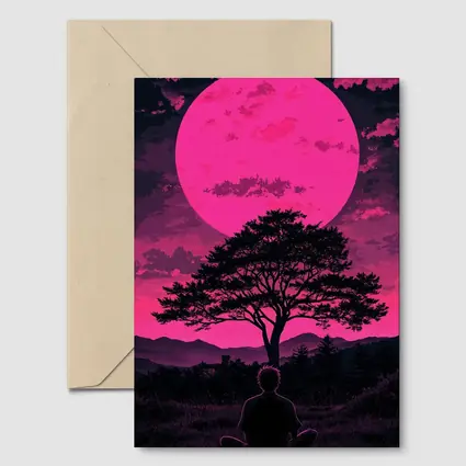 Meditating Man Pink Moon Silhouette Art