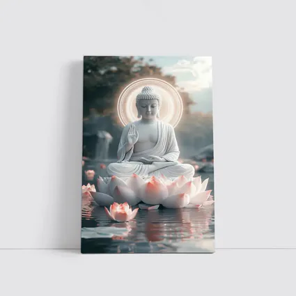White Buddha Lotus Flower Glowing Halo Water