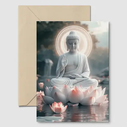 White Buddha Lotus Flower Glowing Halo Water