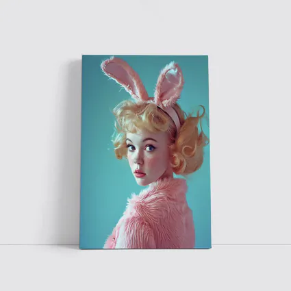 Blonde Woman Pink Bunny Ears Teal Background