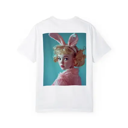 Blonde Woman Pink Bunny Ears Teal Background