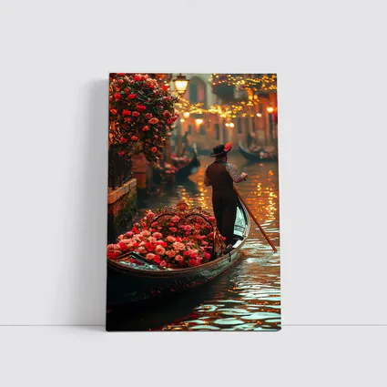 Gondolier On Venice Canal With Roses