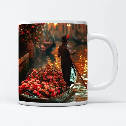 Gondolier On Venice Canal With Roses