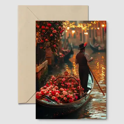 Gondolier On Venice Canal With Roses