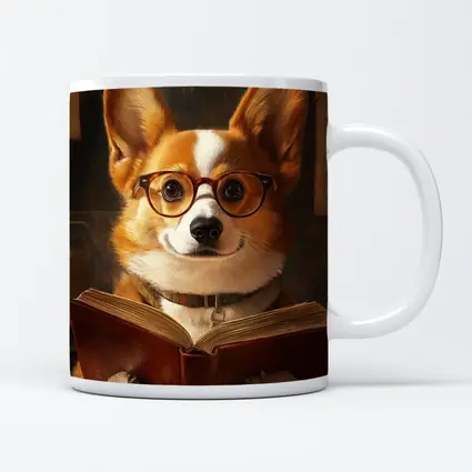 Corgi Dog Reading Book With Glasses