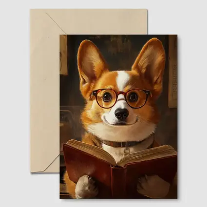 Corgi Dog Reading Book With Glasses