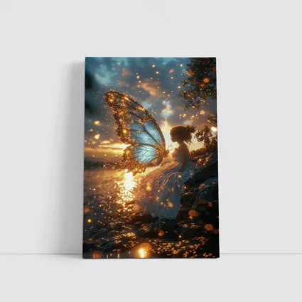 Fairy Girl Butterfly Wings Golden Sunset Water