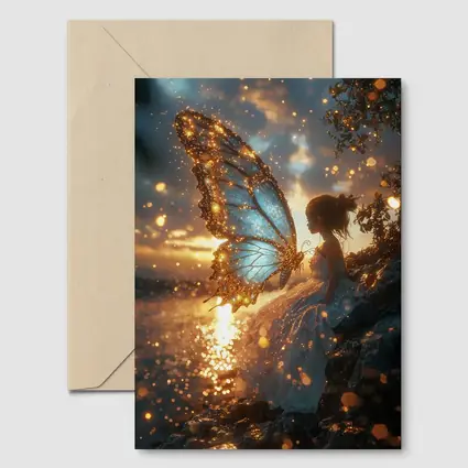 Fairy Girl Butterfly Wings Golden Sunset Water