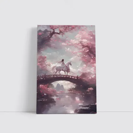 Woman Riding White Horse Cherry Blossom Bridge