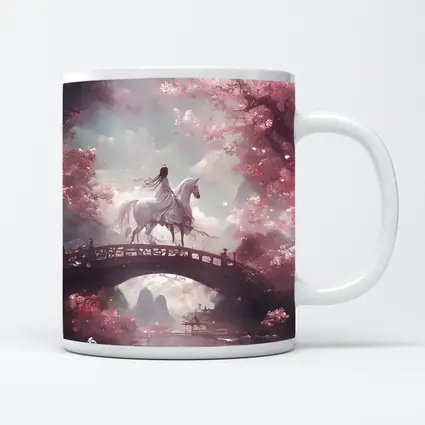 Woman Riding White Horse Cherry Blossom Bridge