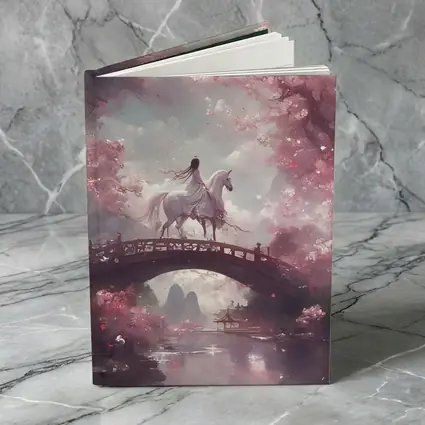 Woman Riding White Horse Cherry Blossom Bridge