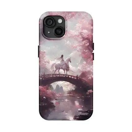 Woman Riding White Horse Cherry Blossom Bridge