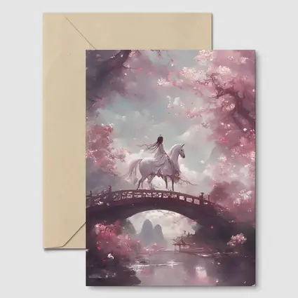 Woman Riding White Horse Cherry Blossom Bridge