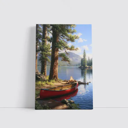 Red Canoe By Mountain Lake Pine Trees