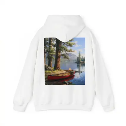 Red Canoe By Mountain Lake Pine Trees