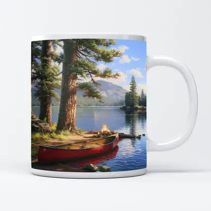 Red Canoe By Mountain Lake Pine Trees