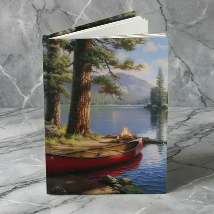 Red Canoe By Mountain Lake Pine Trees