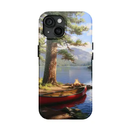 Red Canoe By Mountain Lake Pine Trees