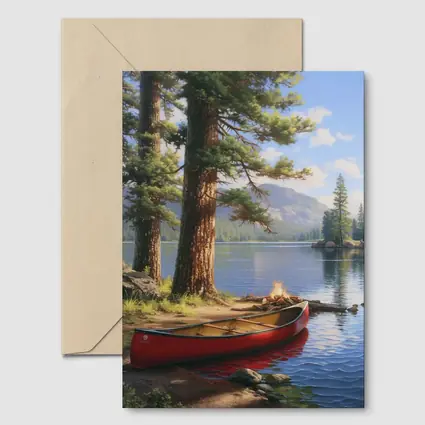 Red Canoe By Mountain Lake Pine Trees