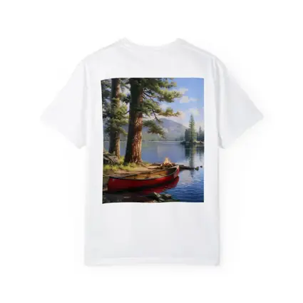 Red Canoe By Mountain Lake Pine Trees
