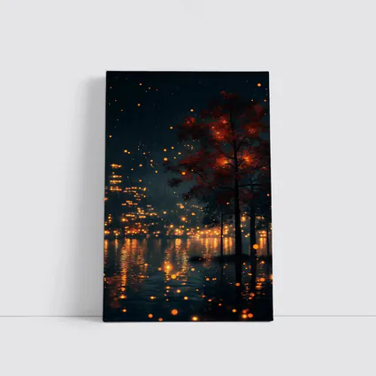 Rainy City Night Glowing Trees Reflections