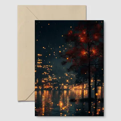 Rainy City Night Glowing Trees Reflections