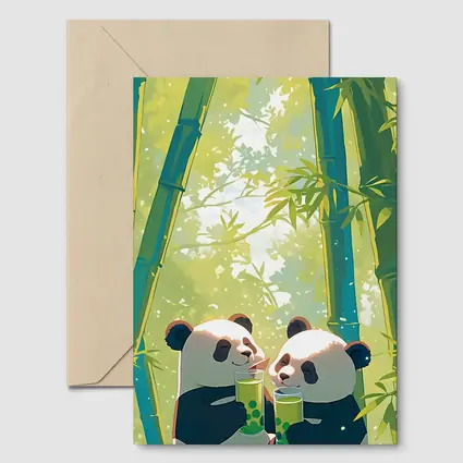 Two Pandas Drinking Tea Bamboo Forest