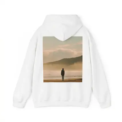 Lone Woman Standing On Misty Beach Shore