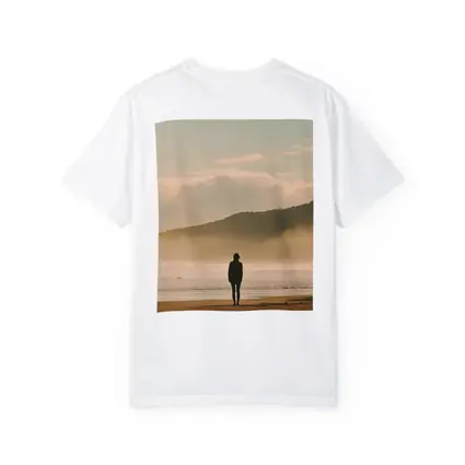 Lone Woman Standing On Misty Beach Shore