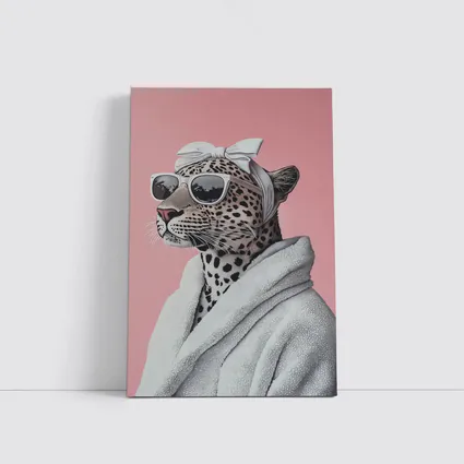 Cheetah Wearing Sunglasses White Robe Pink Background
