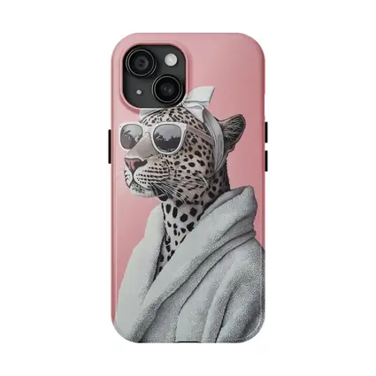 Cheetah Wearing Sunglasses White Robe Pink Background