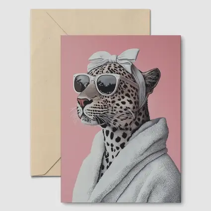 Cheetah Wearing Sunglasses White Robe Pink Background