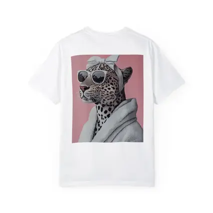 Cheetah Wearing Sunglasses White Robe Pink Background