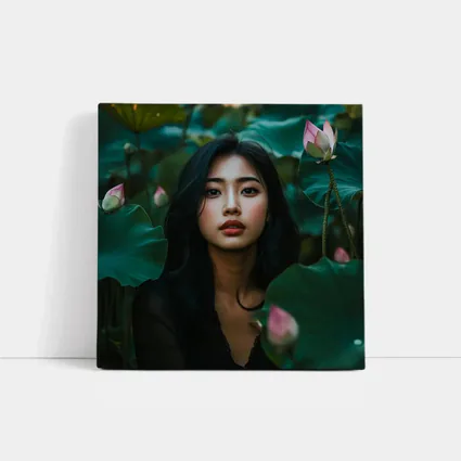 Asian Woman Portrait Among Lotus Flowers
