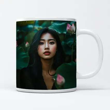 Asian Woman Portrait Among Lotus Flowers