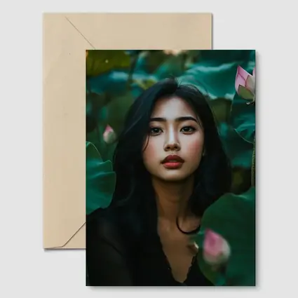 Asian Woman Portrait Among Lotus Flowers