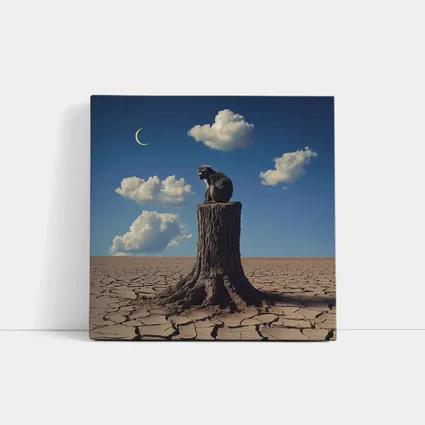 Monkey Sitting On Stump Cracked Desert Sky