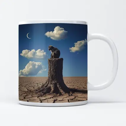 Monkey Sitting On Stump Cracked Desert Sky