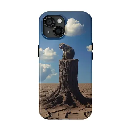 Monkey Sitting On Stump Cracked Desert Sky