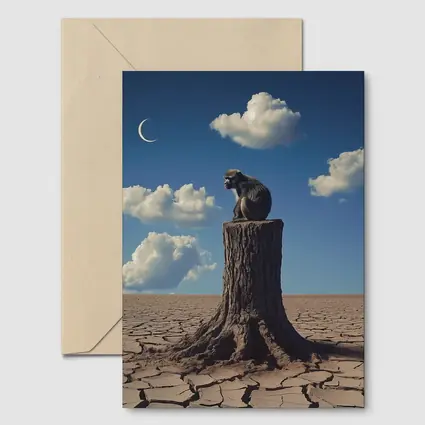 Monkey Sitting On Stump Cracked Desert Sky