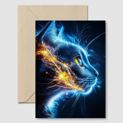 Blue Neon Cat Portrait Dark Background