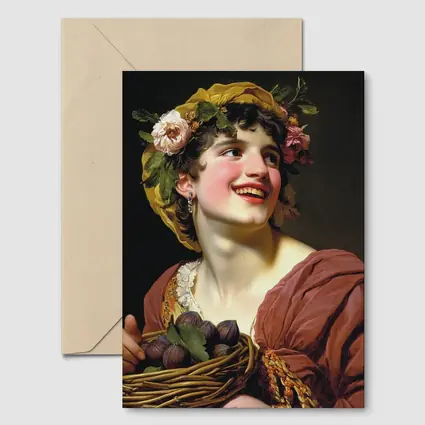 Young Woman With Flowers And Fruit Basket