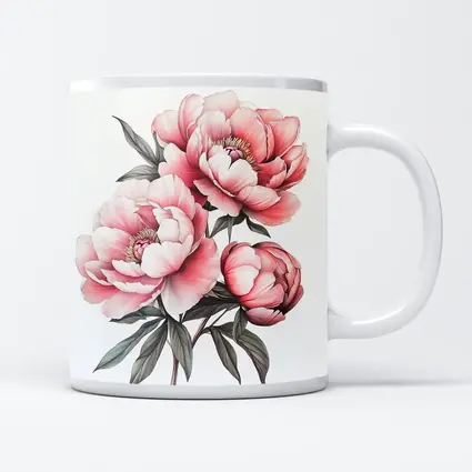 Pink Peony Bouquet Botanical Illustration White Background
